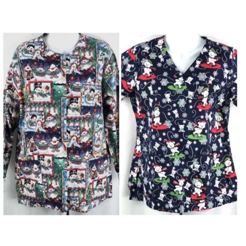 Lot of 2 Barco & Med Couture Scrubs Tops M Christmas Holiday Bears Pockets